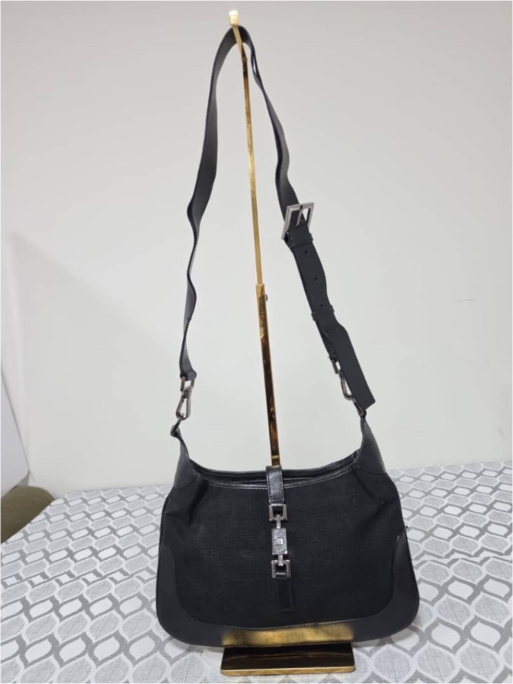 Authentic GUCCI Leather/Denim Jackie Crossbody Bag Black